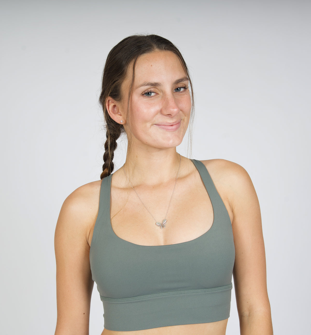 Cascade Comfort Cross Horizon Bra in Evergreen Haze — garment detail