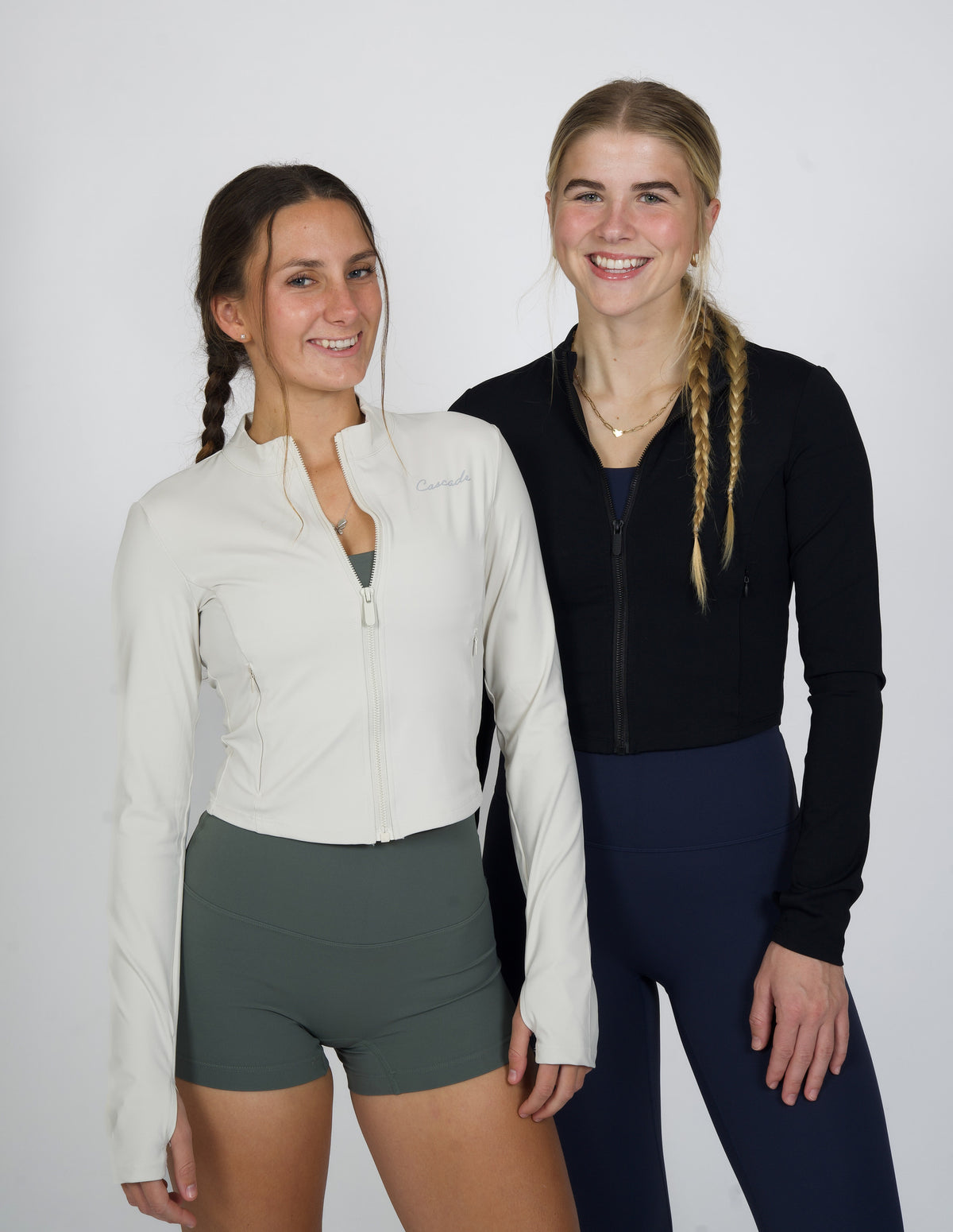 Cascade Total Motion Full-Zip Top in White and Black — full outfit on model