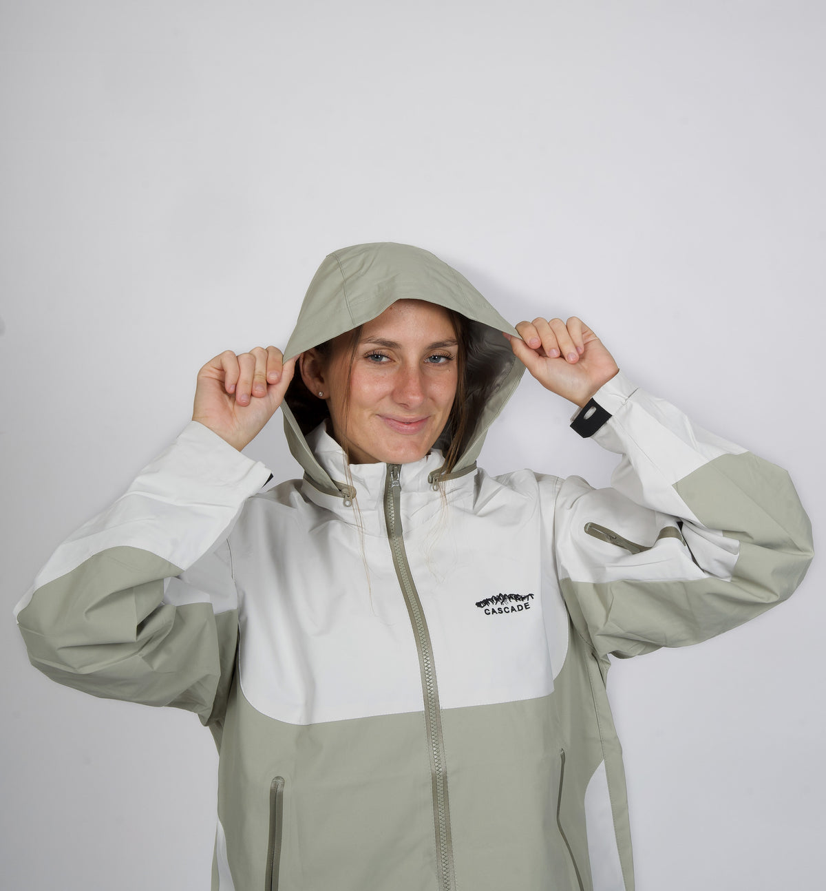 Cascade Alpine Rain Jacket in Vanilla Cream — hood detail