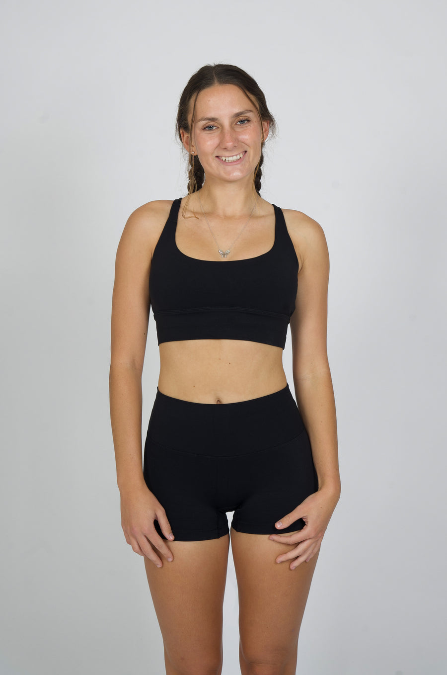 Cascade Comfort Cross Horizon Bra in Black — front view