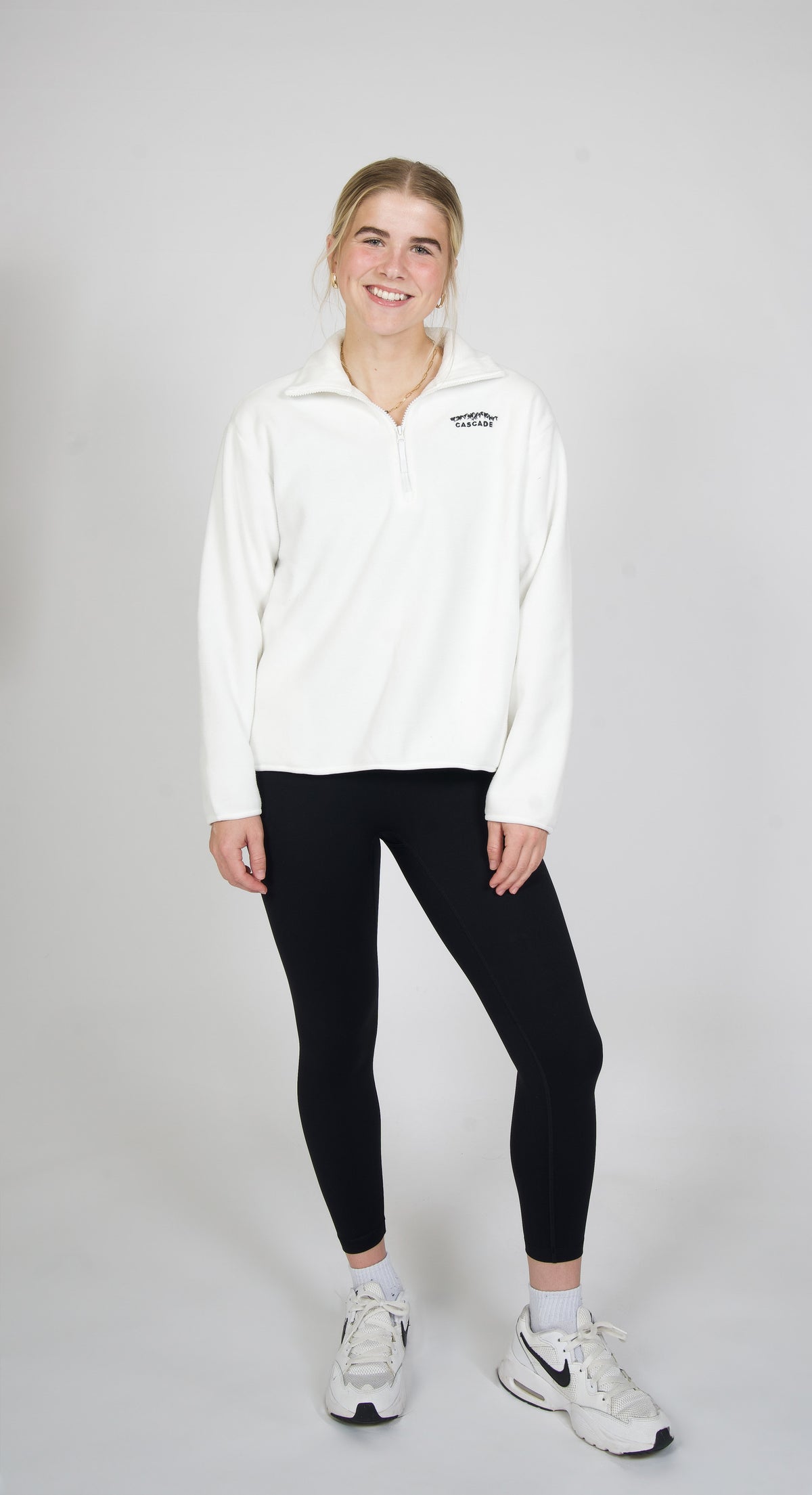Cascade Horizon Half-Zip Fleece in White — full outfit on model