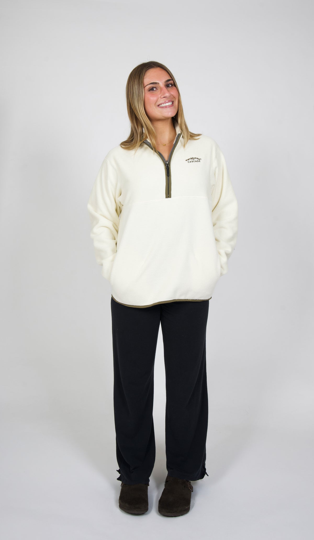 Cascade Horizon Half-Zip Fleece in Vanilla Bean — full outfit on model