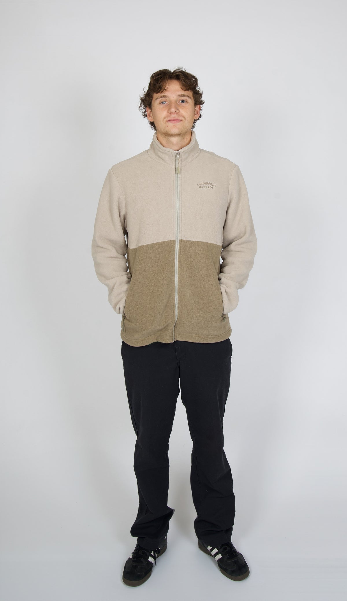 Cascade Horizon Half-Zip Fleece in Tan — full outfit on model