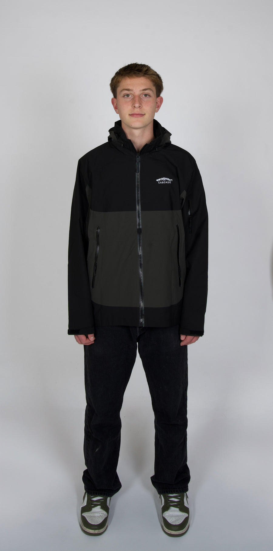 Cascade Alpine Rain Jacket in Black — full-length front view